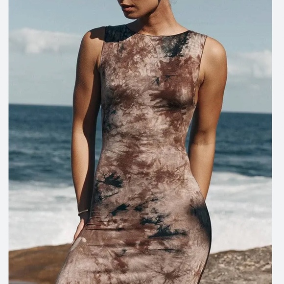 NEW DISSH Sawyer Tie-Dye Midi/Maxi Dress - Taupe Beige Blue - Picture 2 of 10